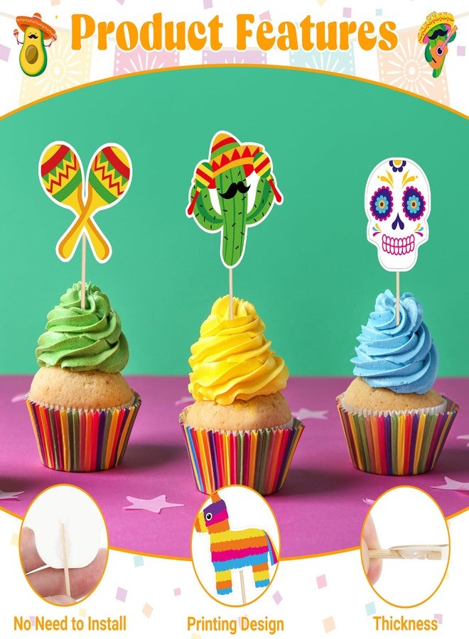 QZYL 48 PCS Cinco De Mayo Cupcake Toppers, 12 Style Mexican Party Decorations, Chili Cactus Sombrero Printing Design Fiesta Cake Toppers Mexican Cupcake Picks, Cinco De Mayo Decor for Mexican Party - Image 3